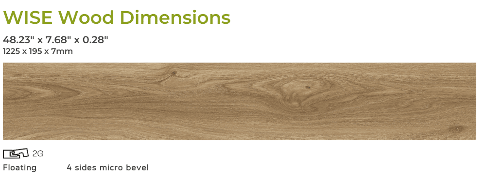 Amorim Wood WISE Plank Dimensions are 48.22 inches long, 7.68 inches wide, and 0.28 inches thick.